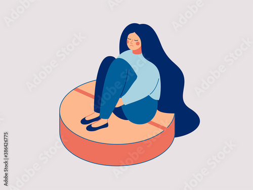 Young depressed woman is sitting on the large pill. Concept of antidepressants are saving girl from depression and about pills effect on females mood and health. Flat cartoon vector illustration.