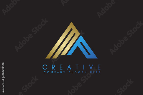 Initial Letter MP logo design vector illustration. Blue Gold Letter MP icon. Usable for business and management Logos,isolated on black background