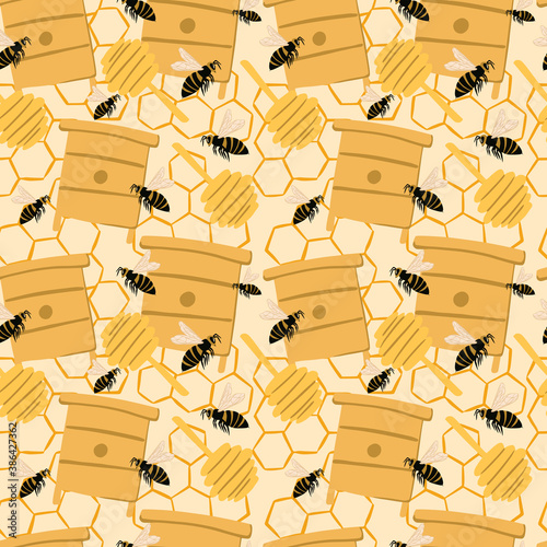 Random seamless honey pattern with bees and hives silhouettes. Light pastel background with honeycombs.