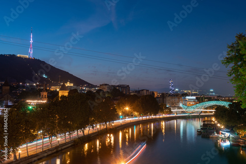 Night view of Tbilisi, TV tower and other landmarks. Georgia