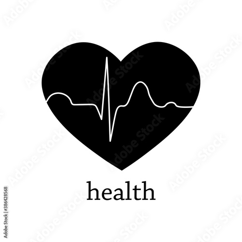 Health symbol in the form of a heart with a cardiogram. Black and white logo. Vector isolated illustration.