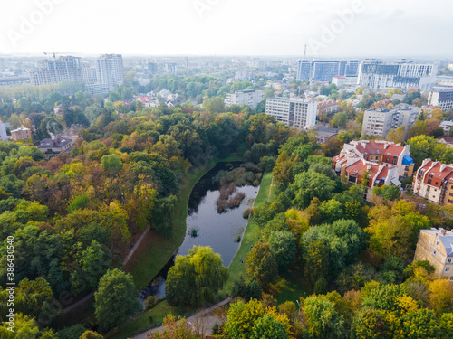 aerial view of autumn park with lake