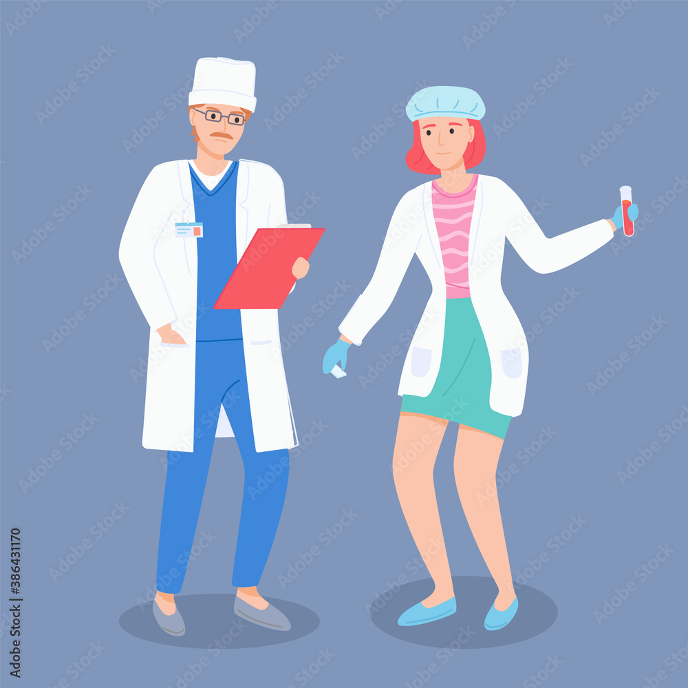 Doctor talking with laboratory assistant woman holding flask with liquid or blood in hand. Two professionals talking abour results of medical test. Therapist holding clipboard with information