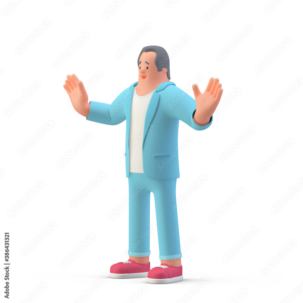Man Surprising standing on white background side view. Wait Stop Pose 3D illustration Man Surprising standing on white background side view. Wait Stop Pose 3D illustration