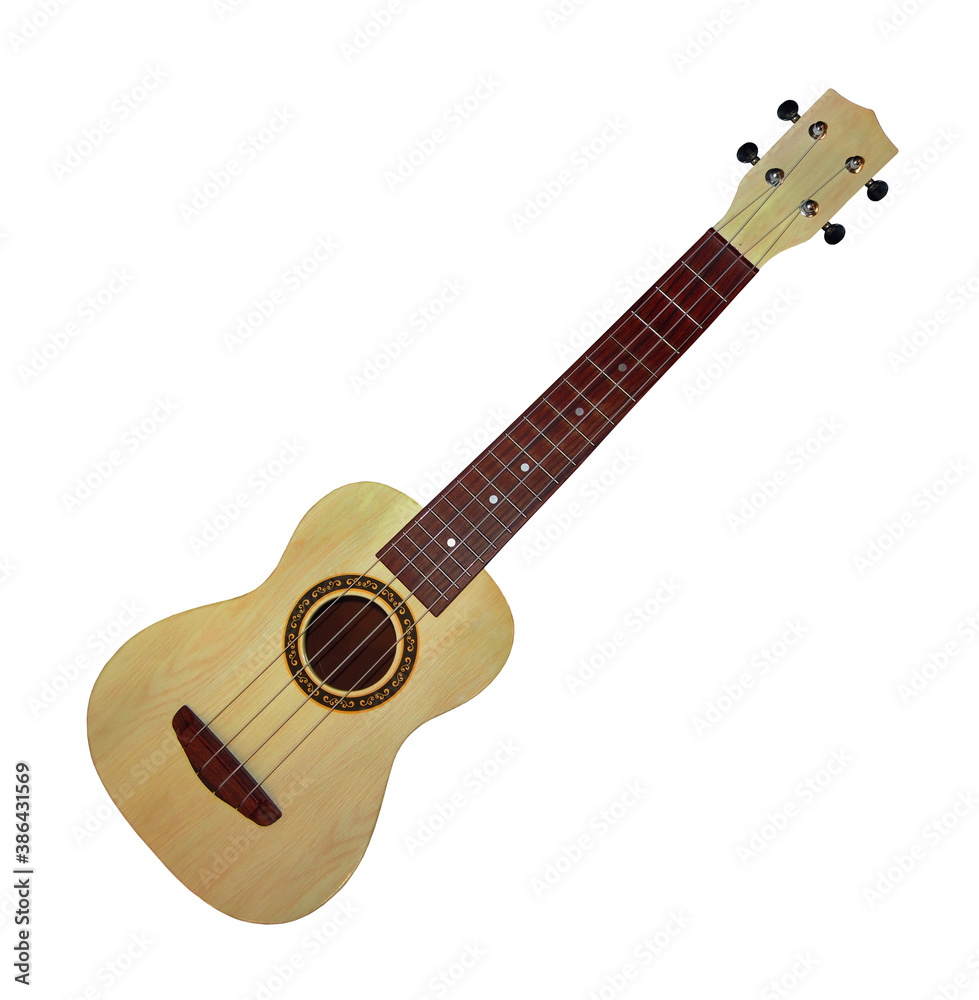 Fototapeta premium There is a four string acoustic guitar. White background. Isolated.