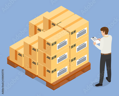 Delivery of goods, products, cardboxes with things, man with clipboard checking parcels in list, orders, send to customer, boxes with stickers, labels, international packages, carton boxes on stock