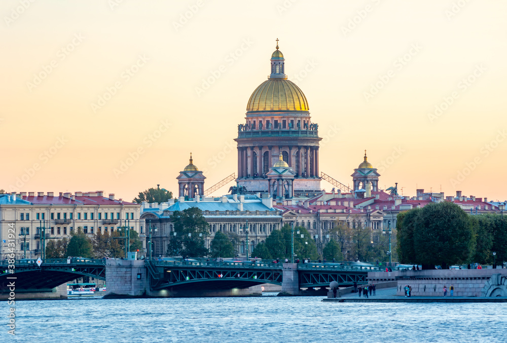 St. Isaac's Cathedral and Palace bridge at sunset, Saint Petersburg, Russia