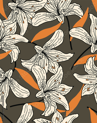 Abstract Hand Drawing Tropical Exotic Hibiscus Flowers and Leaves Repeating Vector Pattern Isolated Background