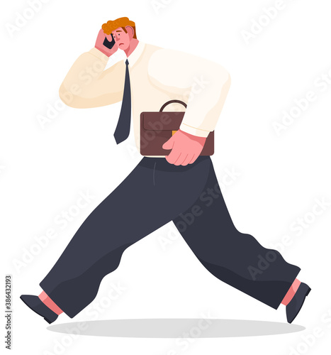 Panic of office worker, unorganized man with phone talking, holding suitcase or portfolio and running, guy wearing office costume in stress, worker failure deadline, stressing, busy, cartoon character