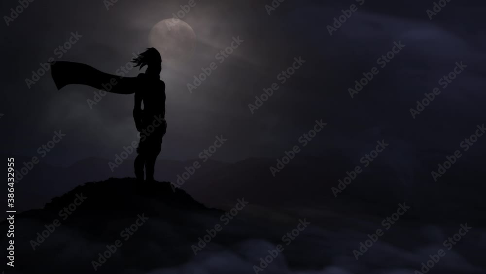 A silhouette superhero with a cape blowing in the thunderstorm wind looks across a dark hilly landscape looking to solve crime