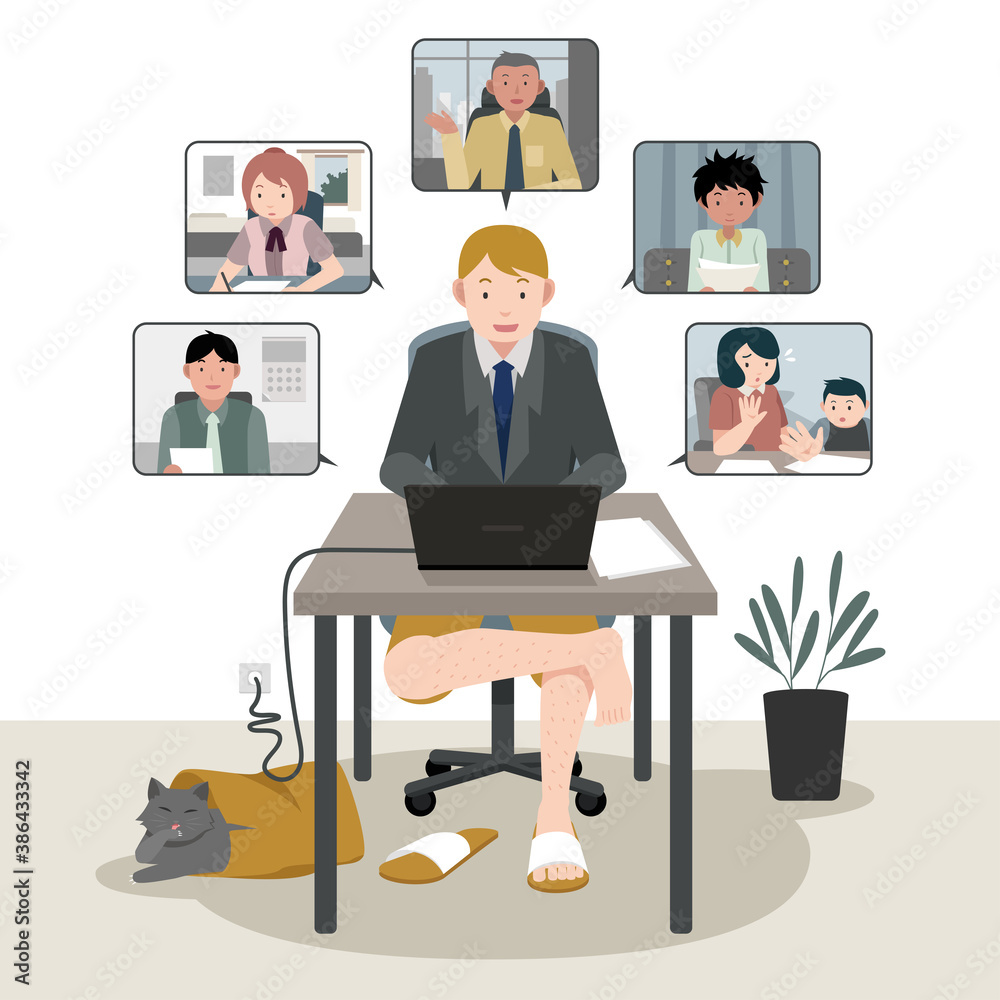 Working from home, a group of people have an online meeting