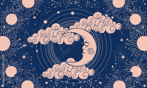Mystical banner for astrology or boho design, crescent moon with face on blue background and clouds. Sacred geometry. Vector illustration for postcard, poster, cover
