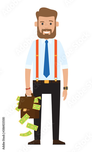 Successful rich businessman, banker, oligarch wearing stylish blue tie, suspenders, black trousers. Bearded guy in white shirt. Business person holding bag with a lot of money, smiling, happy rich guy