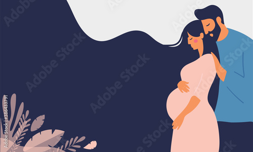 The man carefully embraced the pregnant woman. Husband and wife are expecting a baby, young parents, family support. Flat vector illustration isolated on white background