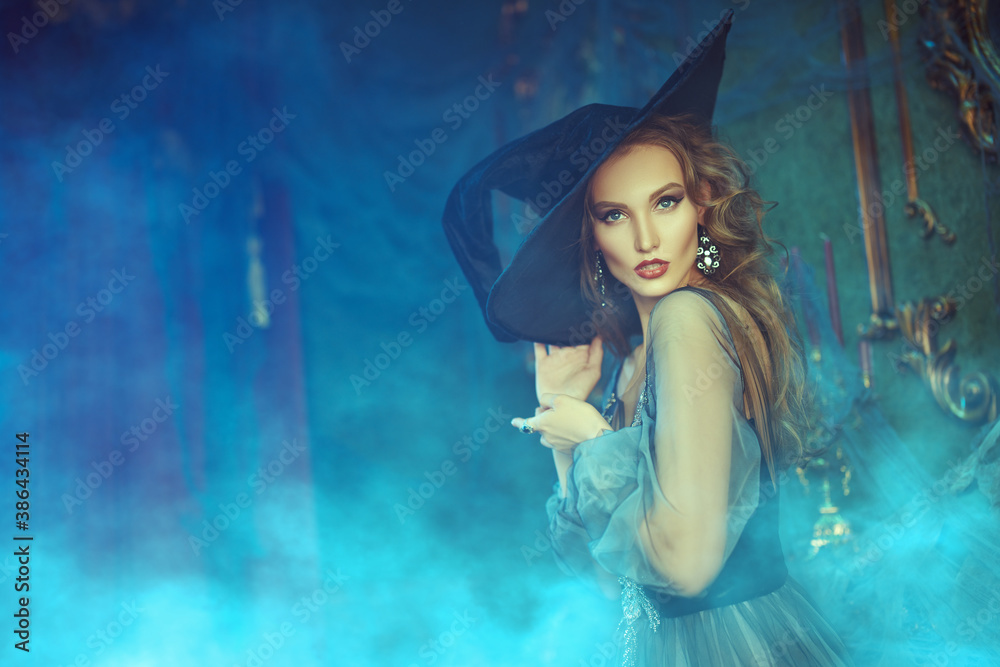 lady in dress of witch - obrazy, fototapety, plakaty 