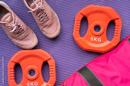 sport sneakers backpack dumbbells mat sport at home girl