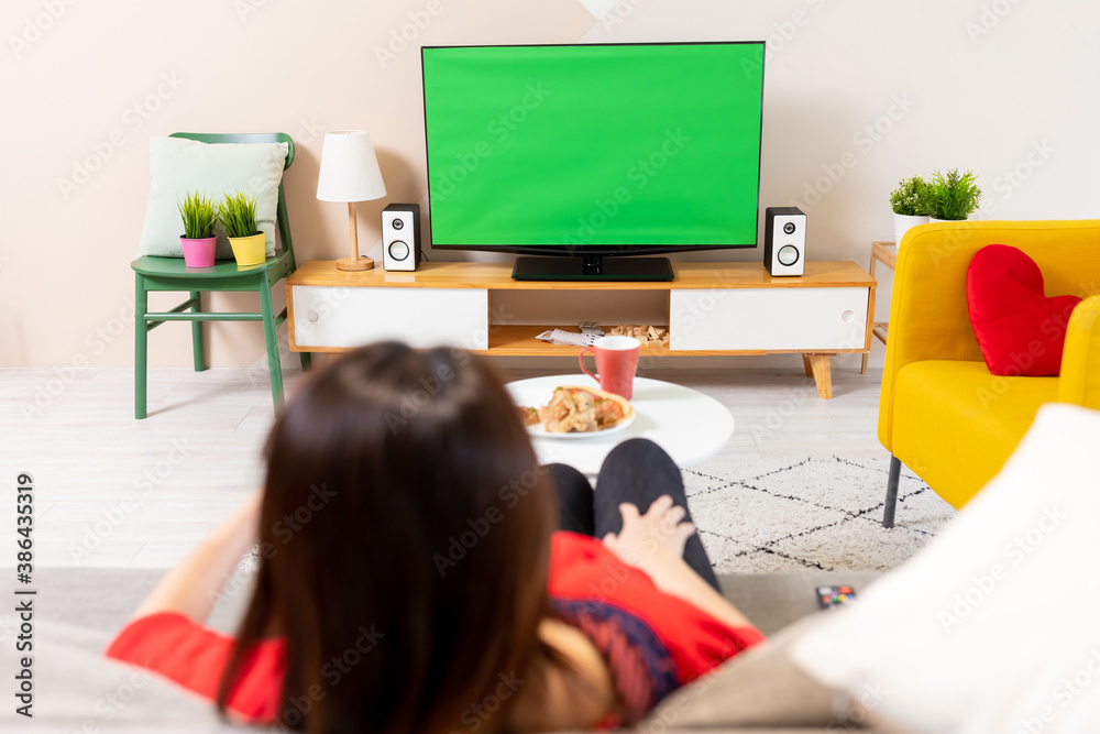woman watch green screen TV woman watch green screen TV