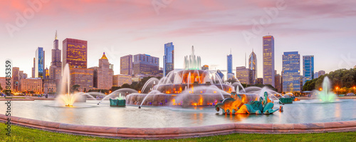 фотография Panorama of Chicago skyline  with skyscrapers at sunset
