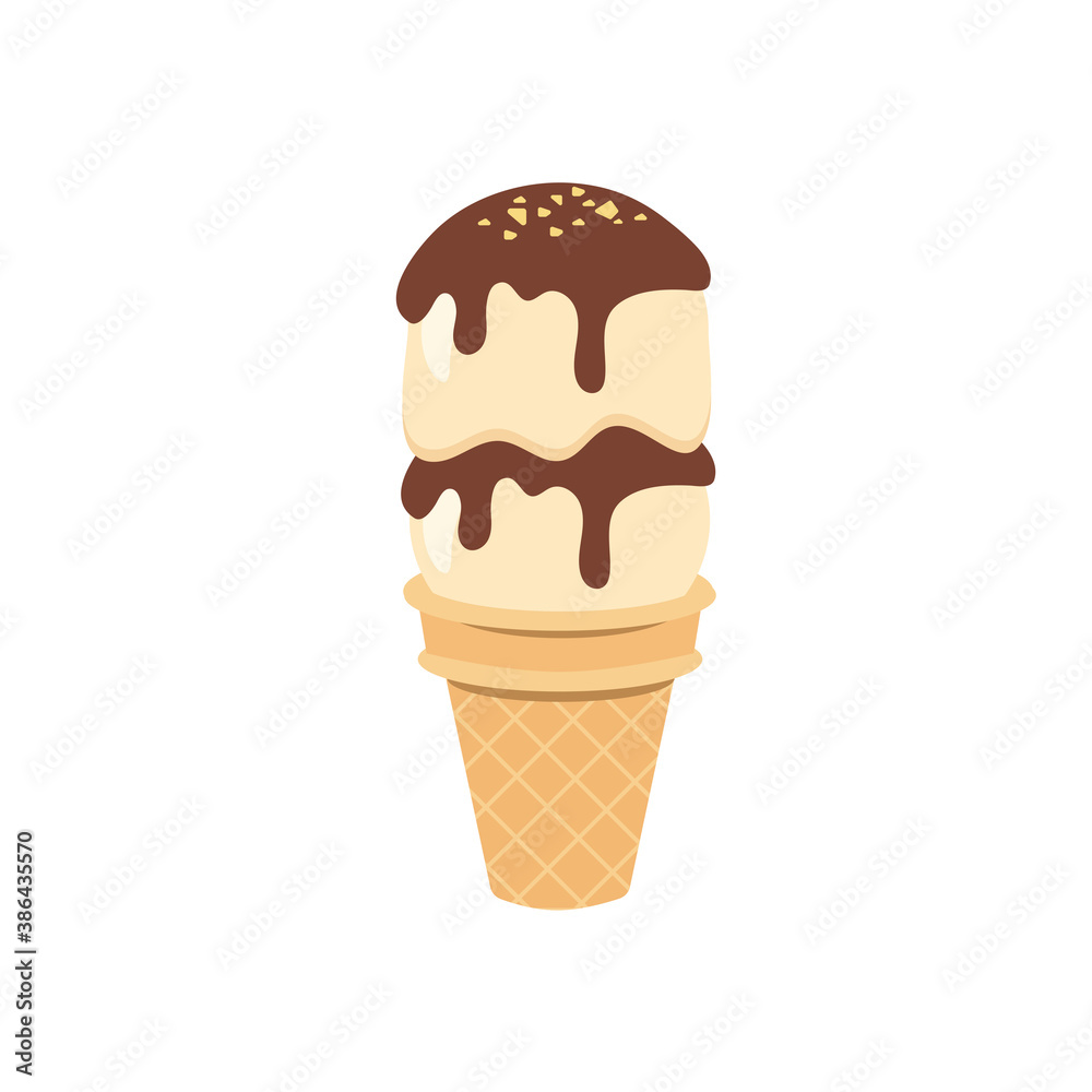 Cartoon ice cream and waffle cone with chocolate gelato ball strawberry mint and vanilla ice cream waffle and sundae topping vector illustration Cartoon ice cream and waffle cone with chocolate gelato ball strawberry mint and vanilla ice cream waffle and sundae topping vector illustration