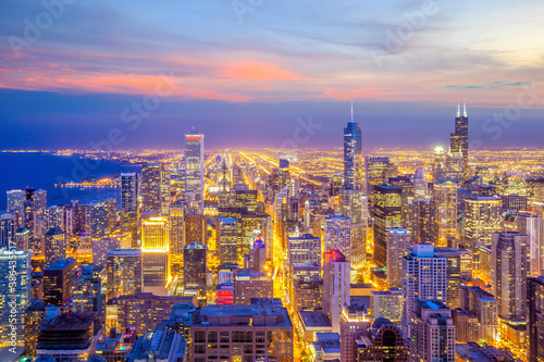 Downtown chicago skyline at sunset Illinois in USA