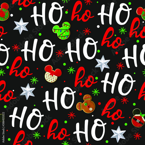 Ho ho ho pattern, laughing Santa Claus. Seamless texture for Christmas design. Vector green background with handwritten words and with Christmas cookies