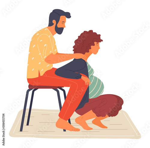 Birth position for pregnant woman, husband help wife to relax, making massage of shoulders, comfortable posture for birthing, man support mother during birth pains, squatted female lean at male knees
