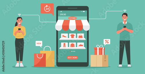 online shopping concept, couple people use a retail app on smartphone and purchase goods in a virtual store, vector flat illustration