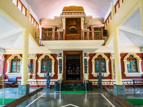 SHREE LAXMINARAYAN TEMPLE, GOA, INDIA - MARCH 19, 2019: View of the interior of the temple Shree Laxminarayan in Goa, India photo