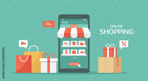 online shopping concept on the mobile app, digital store and e-commerce with icons on the shelf on the smartphone screen, web and banner, vector flat illustration