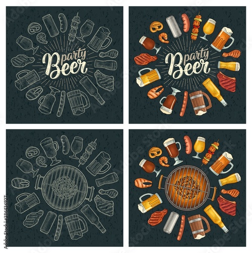 Beer party calligraphic handwriting lettering. Beer and grill engraving