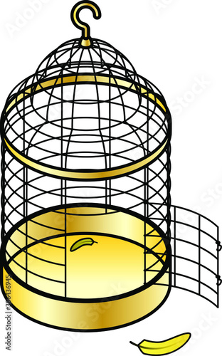 An empty gilded birdcage with the door opened and a couple of yellow feathers. Concept: flown the cage.