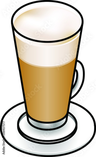 Cafe latte in a tall glass with a layer of milk foam.