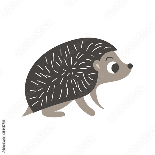 Cute cartoon hedgehog. Side view. Nice woodland character isolated on white background. Vector illustration.