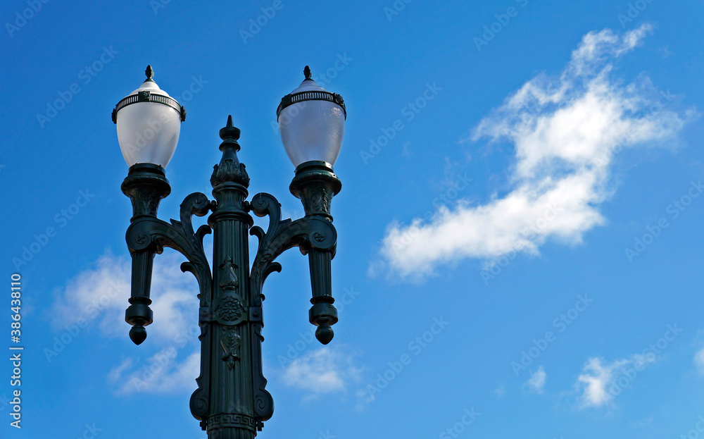 Antique street lamp against a blue sky, Belo Horizonte, Brazil 