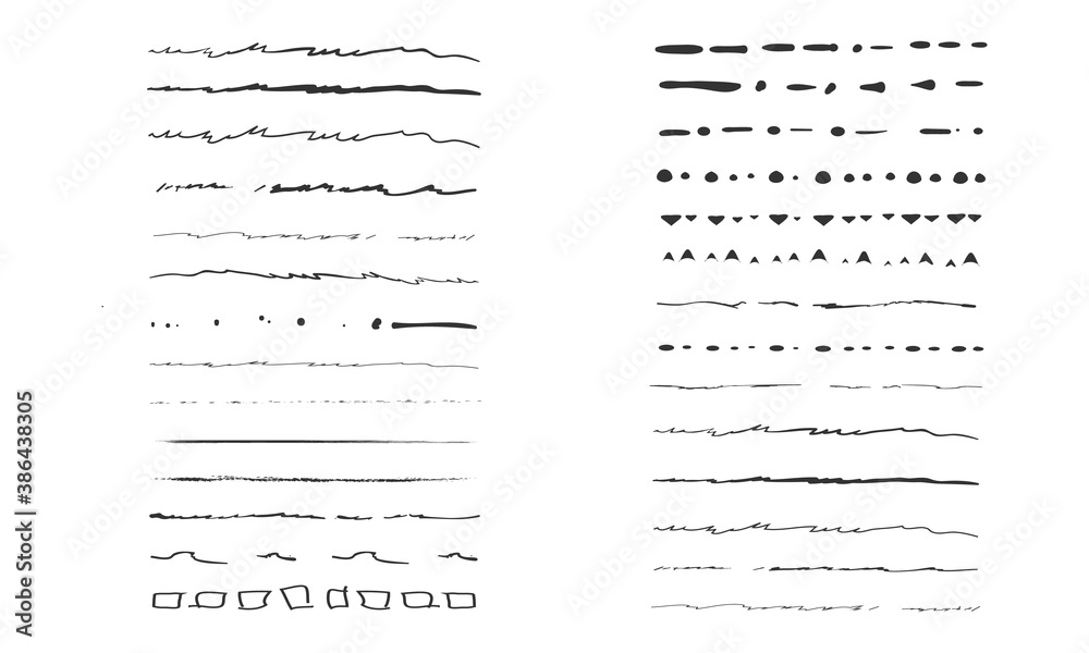 Set of artistic pen brushes.Doodles, ink brushes.Set of vector grunge brushes. Collection of strokes of markers. Set of wavy horizontal lines