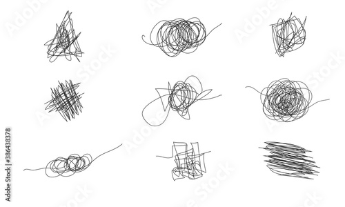  Insane messy line.Set of messy clew symbols connected between them line of symbols with scribbled round element,  Freehand drawing. Black and white  abstract scribbles, chaos doodles. Vector illustra