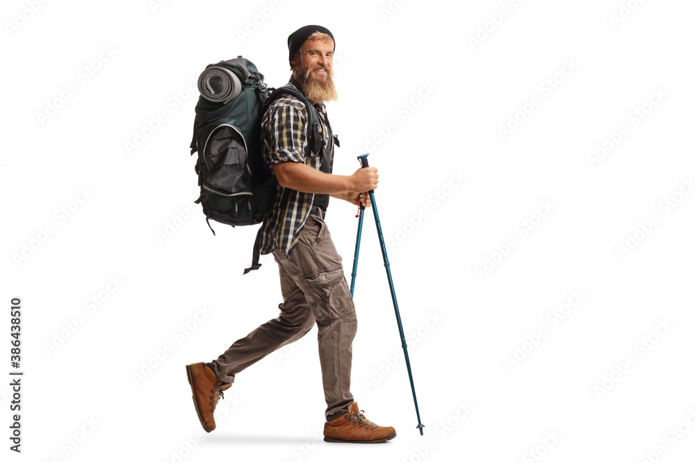 Full length profile shot of a bearded guy hiker with a backpack and hiking poles walking - obrazy, fototapety, plakaty 