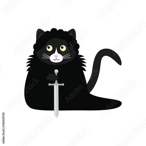 Quadro su tela Сute black cat Jon Snow with a sword illustration vector