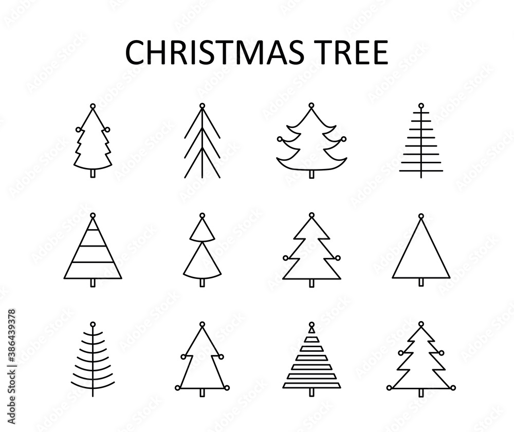 Vector outline icon set with Christmas tree with toys. White silhouette with black line.
