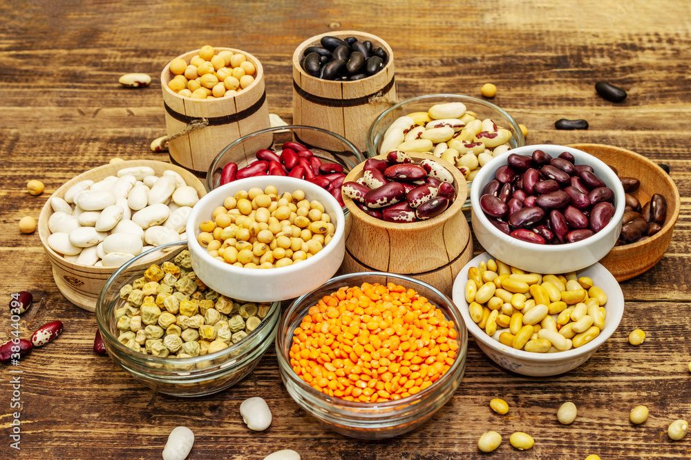 Set of various dry legumes in bowls as indispensable protein for a healthy life