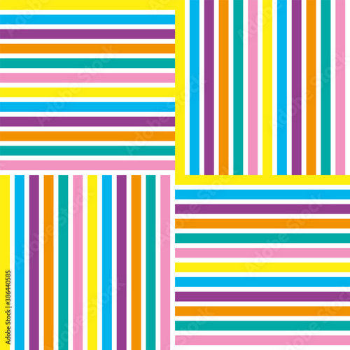 geometric background of pink, yellow, orange, blue, green, purple and white stripes
