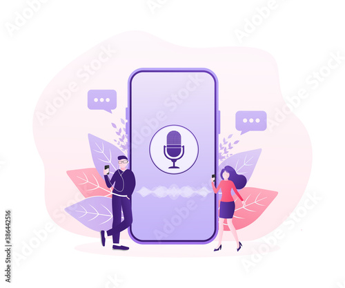 Concept vector illustration of young people with voice assistant, speaker recognition, voice controlled smart speaker.