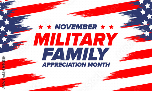 National Military Family Month in United States. Celebrate annual in November. Thank you for military family. Patriotic american elements. Poster, card, banner, background. Vector illustration