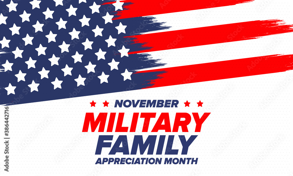 National Military Family Month in United States. Celebrate annual in November. Thank you for military family. Patriotic american elements. Poster, card, banner, background. Vector illustration