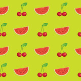 Seamless pattern with juicy watermelon slices and ripe cherries. Summer vector background with red sour cherry and sweet watermelon on green backdrop. Wallpaper, wrapping paper, fabric, fruit design