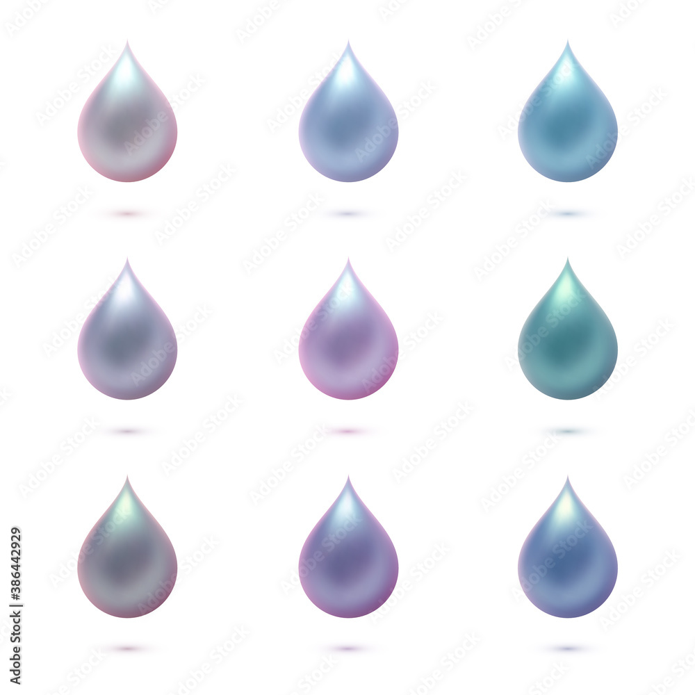 Nine realistic pearlescent drops Nine realistic pearlescent drops