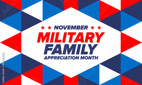 National Military Family Month in United States. Celebrate annual in November. Thank you for military family. Patriotic american elements. Poster, card, banner, background. Vector illustration