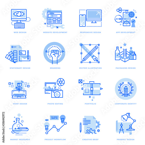 Set of flat line icons of graphic and web design and development. Vector concepts for website and app design and development, business presentation and marketing material.