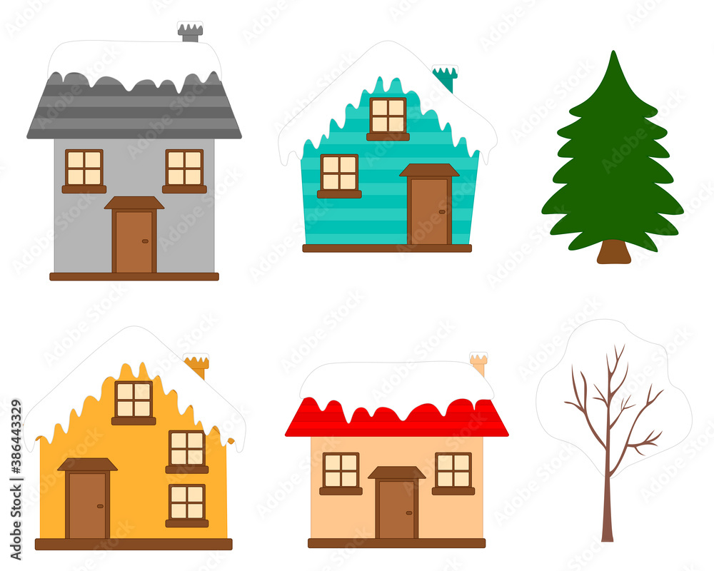 Set of winter houses christmas tree vector illustration