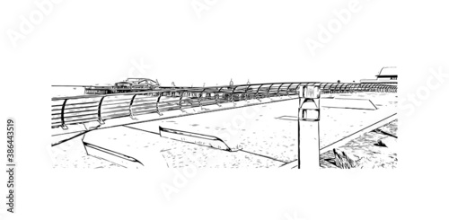 Building view with landmark of Blackpool is a seaside resort on the Irish Sea coast of England. Hand drawn sketch illustration in vector.